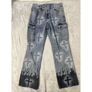 Aelfric Eden Women’s 32 Cross Print Cargo Jeans Flame Hem Wide Leg Y2K